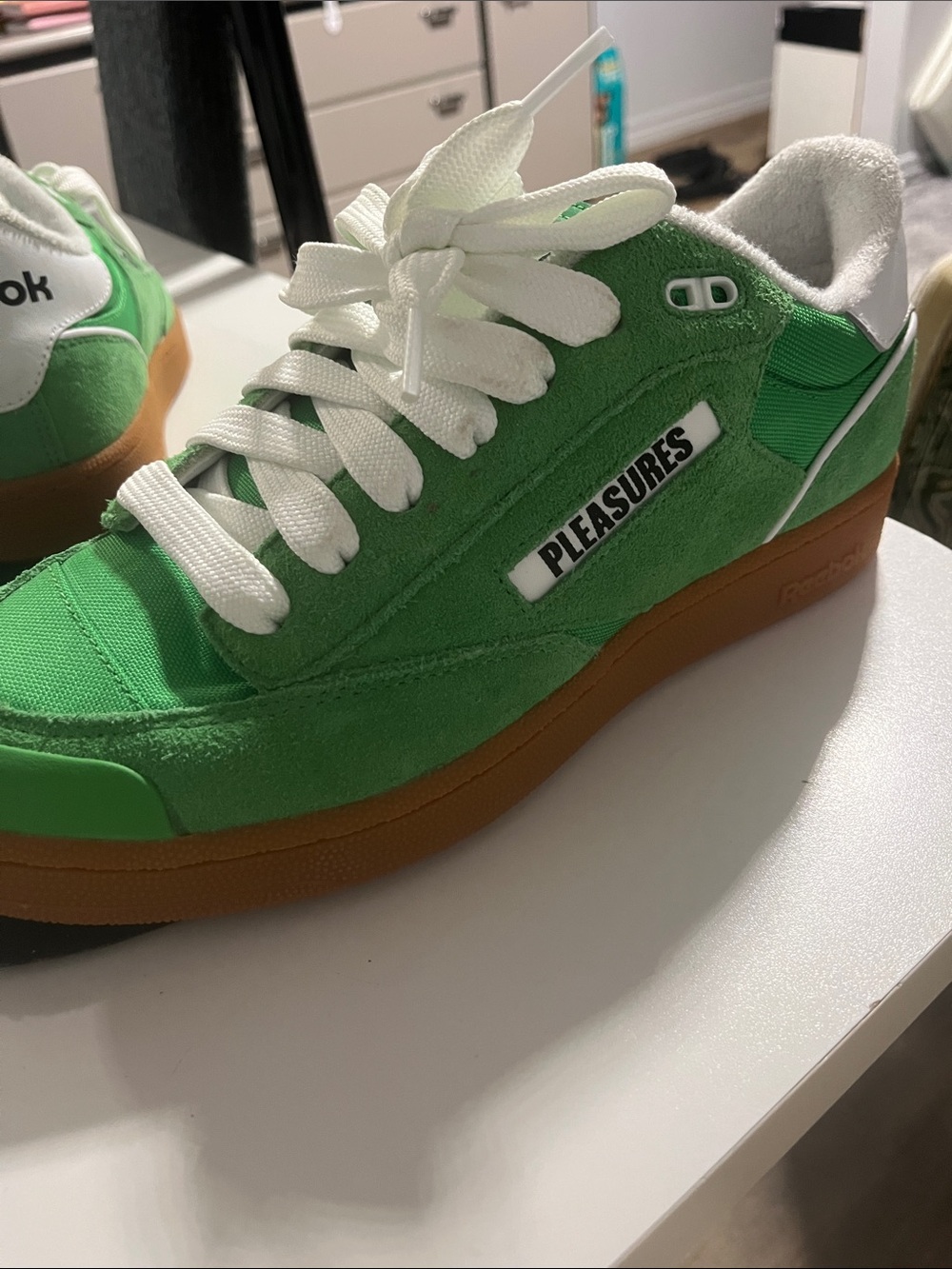 Reebok x PLEASURES Green and White Low-Top Sneakers